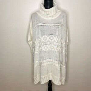 Loft Poncho Sweater Cable Knit Turtleneck Tunic Acrylic Ivory Size Medium Large